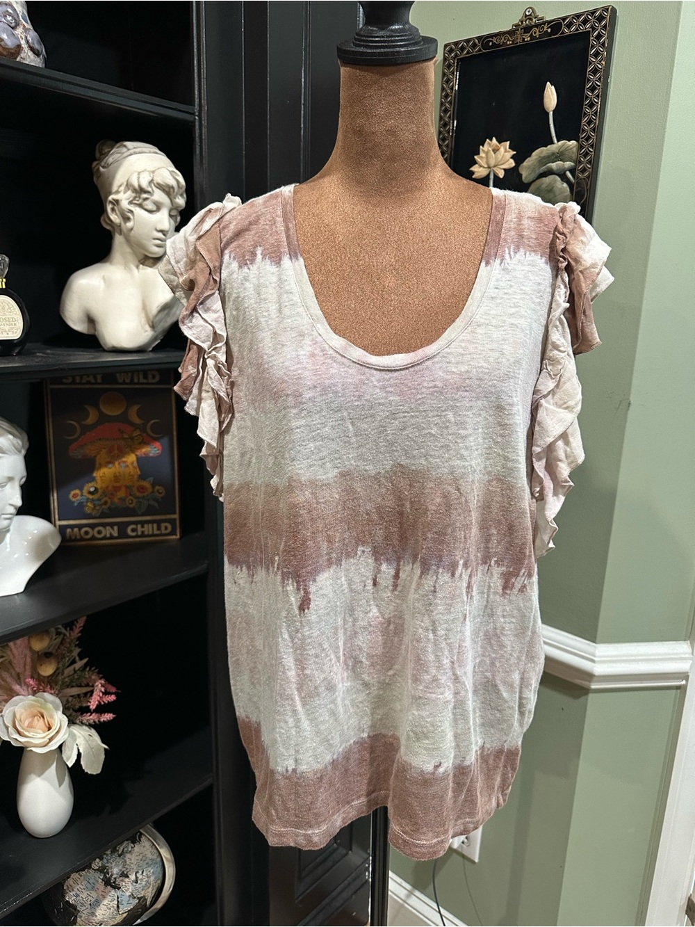 Young Fabulous & Broke Tie‑Dye Linen Ruffle Sleeve Top – Size Medium (Oversized